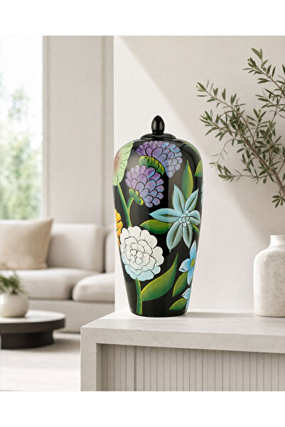 Theraphy Home Botanica El Boyaması Çiçekli Kapaklı Seramik Küp Vazo