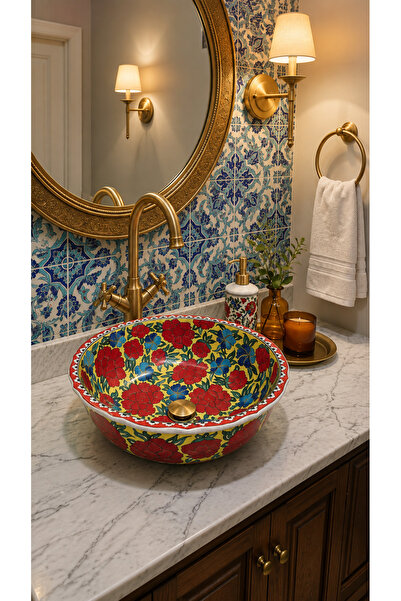 EvaniLife Rölyef Model Crimson Bloom Serisi El Yapımı Seramik Lavabo Özel Tas...