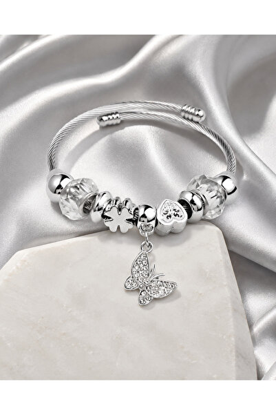 Generic Brand Brățară Damă Argintie Tip Bangle cu Fluture și Cristale, Charm ...
