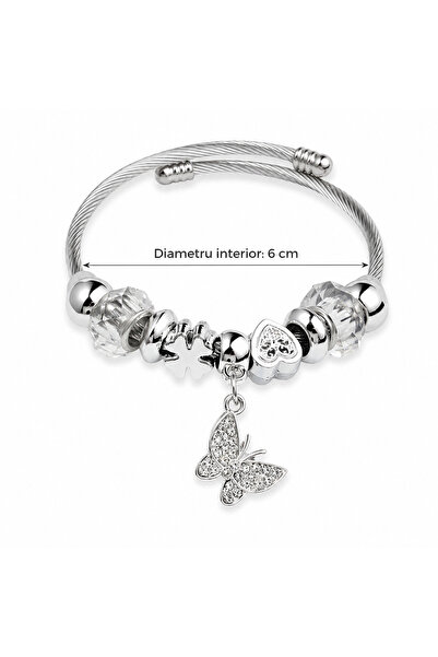 Generic Brand Brățară Damă Argintie Tip Bangle cu Fluture și Cristale, Charm ...
