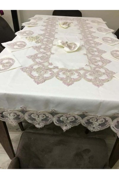 bursa çeyiz dünyası Gülendam 26 Parça Linen Ağır Fransız Dantelli Yemek Takımı