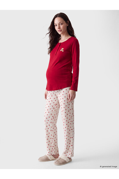 LC Waikiki Lcw Dream Beige Crew Neck Printed Maternity Pajama Set