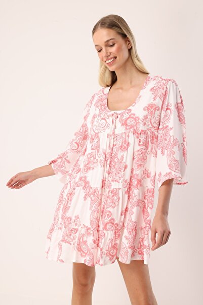 MİSSARWEN Paisley Patterned V-Neck Tie-Detail Pink and White Women's Mini Dre...