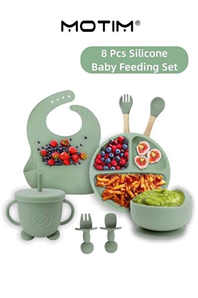 MOTIM 8 Pcs Silicone Baby Feeding Set Children Tableware Kids Dining Microwav...