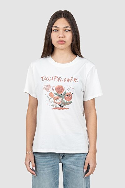 Monte Cervino Tricou femei bumbac elastic cu imprimeu floral, alb cărămiziu