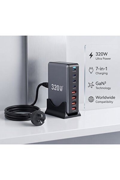 Primo Plus شاحن مكتبي DENX DX237 قوي بقدرة 320 واط مع 8 منافذ تقنية GaN