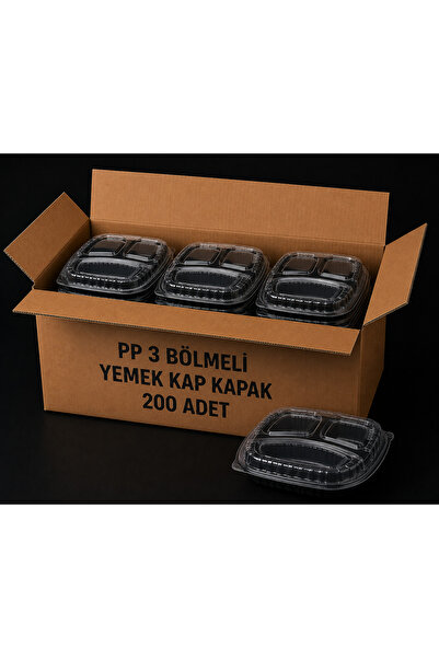 antpap ambalaj 3 Bölmeli Yemek Kabı ve Kapak 200 Adet – Tek Kullanımlık Plast...