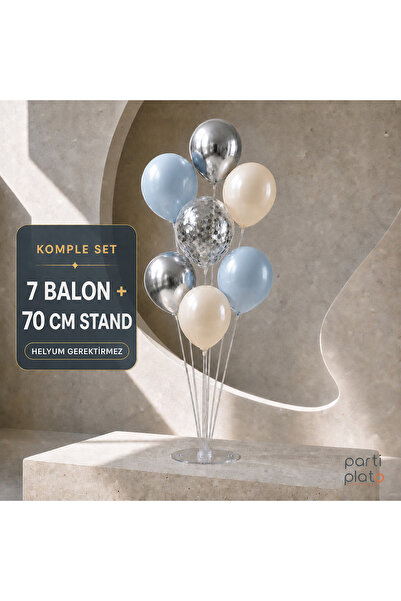 Parti Plato 7’li 70 cm Balon Standı Seti Fırtına Mavi Deniz Kumu Krom Silver ...