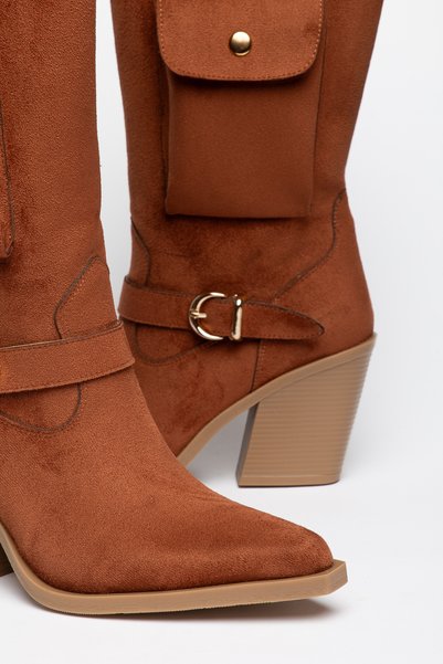 MS SUGAR SHOES Women's Cowboy Boots - Suede Look, Pointed Toe, Pocket Detail, Buckle, Thick Heel