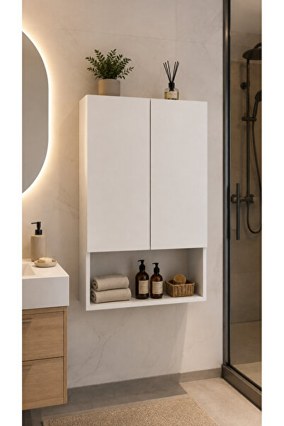 FURNICI Line Banyo Dolabı 60 cm Çift Kapaklı 3 Raflı Duvar Tipi Banyo Dolabı