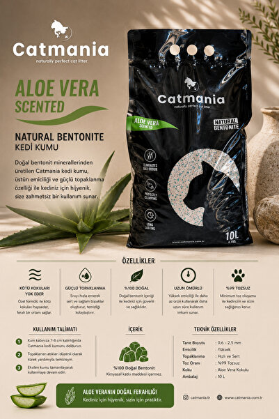 Aloe Vera Kokulu Ekstra Topaklaşan Bentonit Kedi Kumu 10 LT
