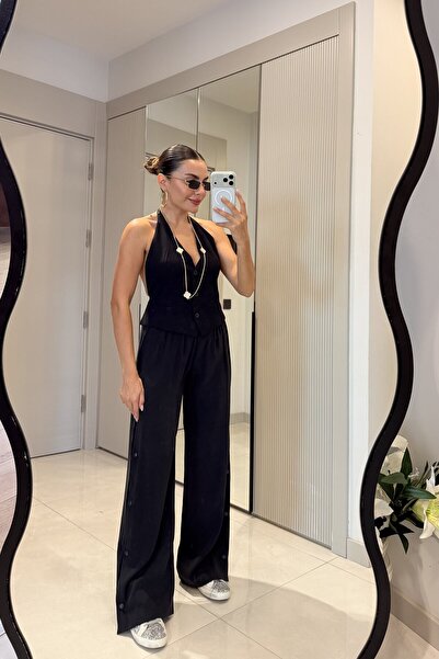 Gizem Ecemiş Bunny Siyah Tensel Yanları Çıt Çıt Detay Palazzo Pantolon