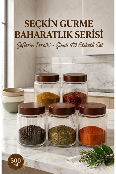 Glass&Grace 5’Lİ 500 ML PLASTİK KAPAKLI ÇİZGİLİ CAM KAVANOZ SETİ | BAHARATLIK...