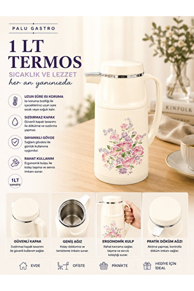 PALU GASTRO 1 Lt Vintage Thermos with Patterned Ergonomic Handle for Hot and ...