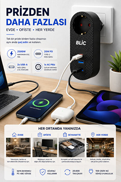Merwish Akım Korumalı Priz 2500W BLIC 10A, 20W PD Type-C Hızlı Şarj, 2 USB-A, Çocuk Korumalı Çoklu Priz Adaptörü