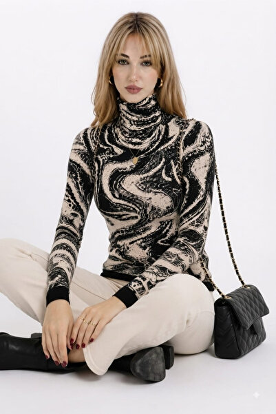 H&E LUXURY DESIGN Women's Knitwear Sweater Ecru Black Marble Patterned Turtle...