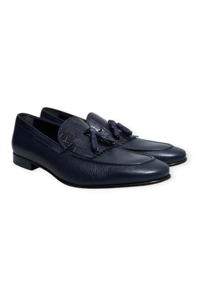 FRANCO CALVANI Dark Blue Color Laceless Genuine Leather Men's Shoes