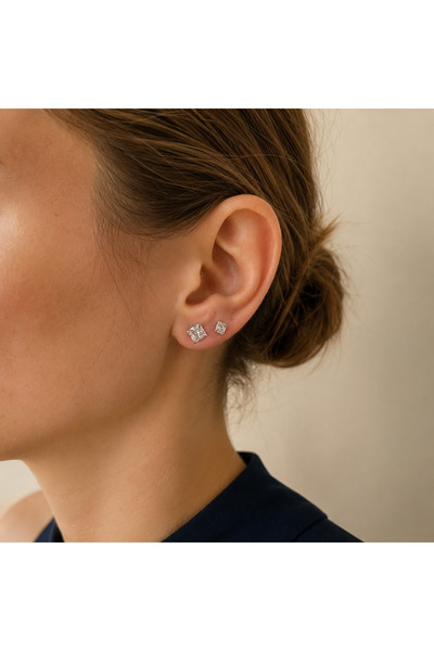 nerora Double Small Square Dot Stone Silver Earrings Pair (4 Pieces Sent)