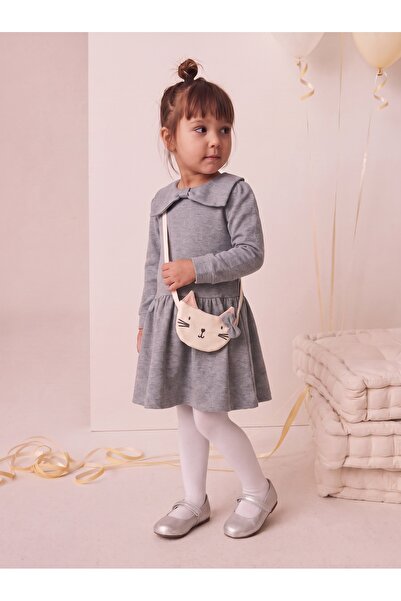 Tinymuyt Girl's Bow Collar and Bag Combed Cotton Dress Gray