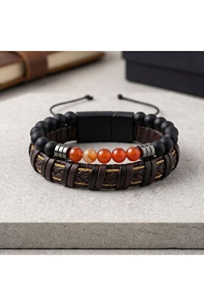toptanhanem Brown Leather and Natural Stone Double Men's Bracelet Set