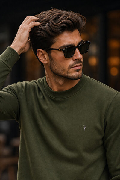 MAXIMILLIAN Hanorac relaxat pentru bărbați, kaki, basic, cu guler tip crewneck