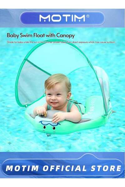 MOTIM Baby Swim Float, Non-Inflatable Baby Float with Tail Float Canopy Infant Lying Swimming Ring Pool Swim Trainer for 3-24 Months Baby, Medium, Green