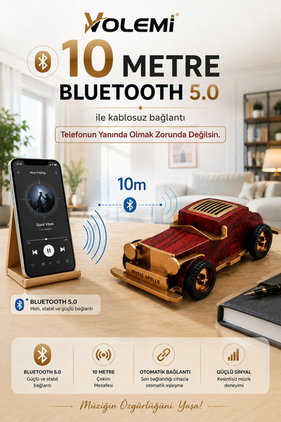 VOLEMİ V-1524 Klasik Araba Tasarımlı Bluetooth Hoparlör, Bluetooth 5.0, Telefon Standlı, USB AUX, 1200 mAh