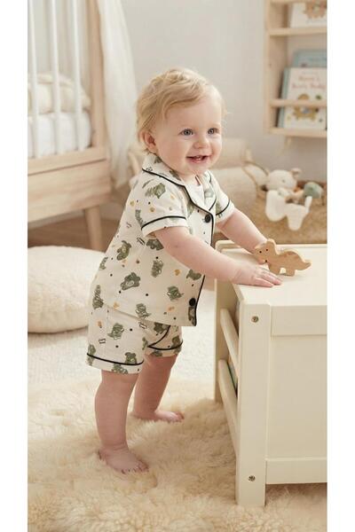 Sinem Çeyiz Dlş 6077 Boy's 100% Cotton White Dino Buttoned Shorts Pajama Set