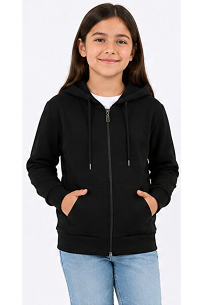 İrem Çocuk Giyim Girls' / Boys' Plain Black Color Cardigan Hooded Kangaroo Po...