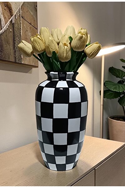 VERA HOME DECOR Seramik, El boyaması Lüks Dekoratif Dama Desenli 25 cm Vazo