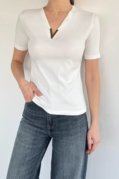 TOZLU Women's V-Neck Lycra Blouse with Gold Buckle Detail