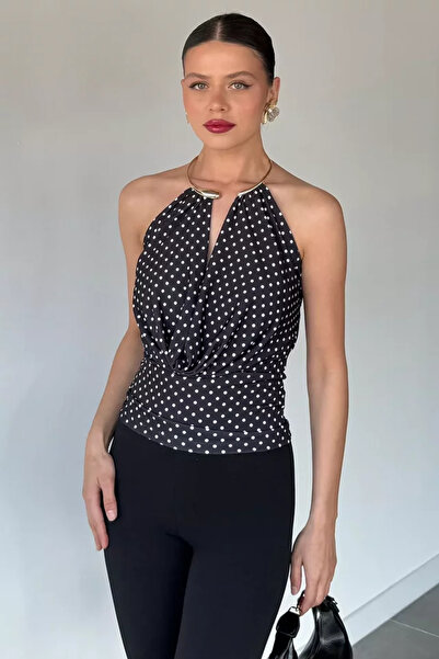 TOZLU Women's Polka Dot Lycra Crop Top Blouse