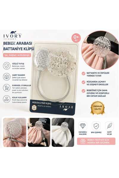 IVORY BABY Bebek Arabası Battaniye ve Müslin Klipsi – Çiçek Desenli Şık Tutucu