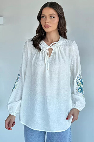 TOZLU Women's Front Tie Detailed Embroidered Blouse