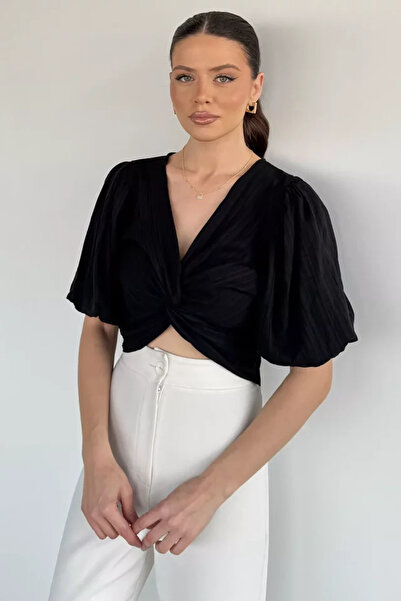 TOZLU Women's Front Knot Detailed Side Zipper Balloon Sleeve Crop Top Blouse