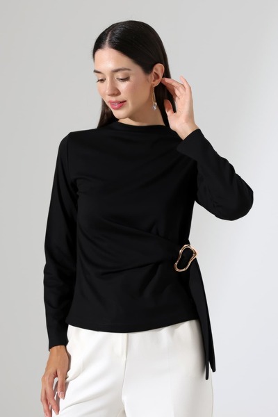 Sabr Women's Modal Side Buckle Draped Long Sleeve Blouse