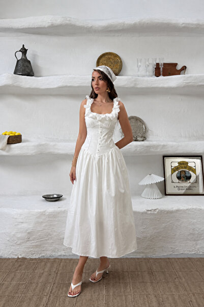 1434 Polo State Women's White Ruffle Detailed Corseted Midi Dress