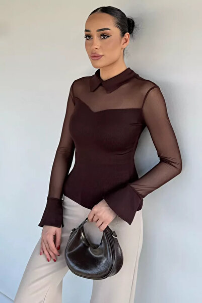 TOZLU Women's Polo Collar Tulle Garnished Lycra Blouse