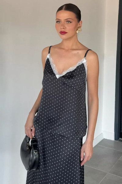 TOZLU Women's Polka Dot Satin Blouse with Rope Straps