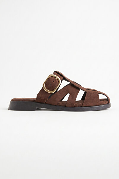 Ekonomik Ayakkabı Women's Brown Nubuck Buckle Slippers – Comfortable Flat Sol...