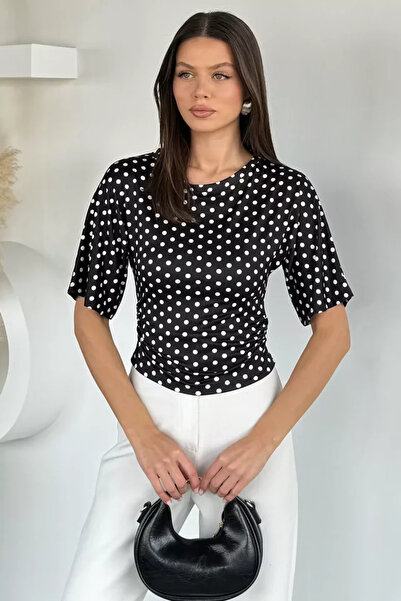 TOZLU Women's Side Gathered Polka Dot Blouse