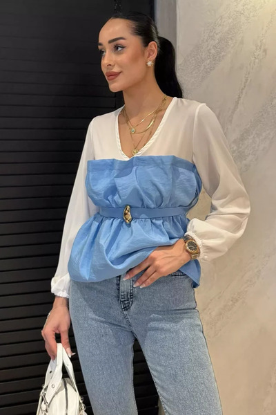 TOZLU V-Neck Garnished Buckle Women's Blouse