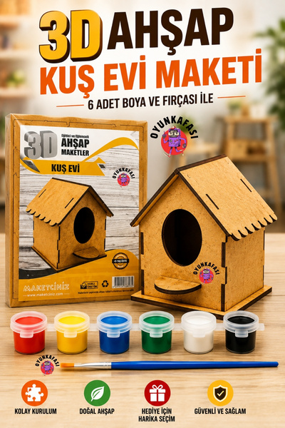 OYUNKAFASI 3D Ahşap Kuş Evi Maketi Boyama Seti – 6 Renk Boya ve Fırçalı Eğiti...