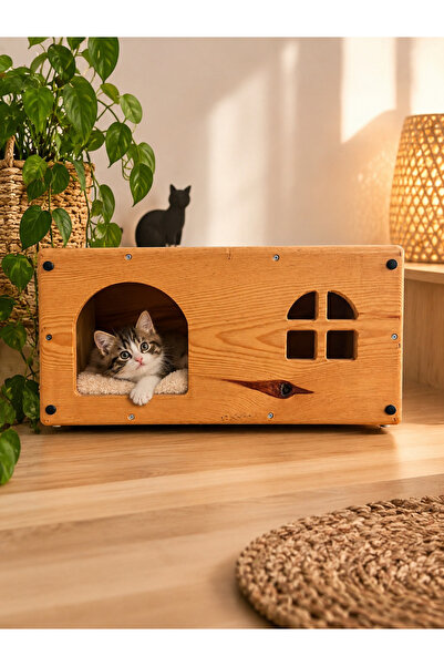 Genel Markalar Ahşap Kedi Evi %100 Ahşap El Yapımı Vernikli Kedi Kulübesi 54x...