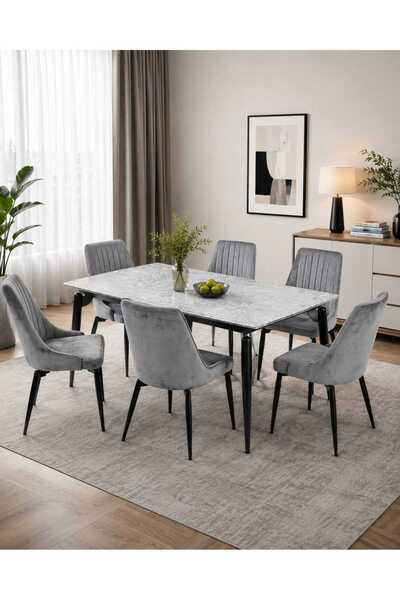 TrentonGCC طقم طاولة طعام رويال رخامية مع 6 كراسي - 160x90x77 سم