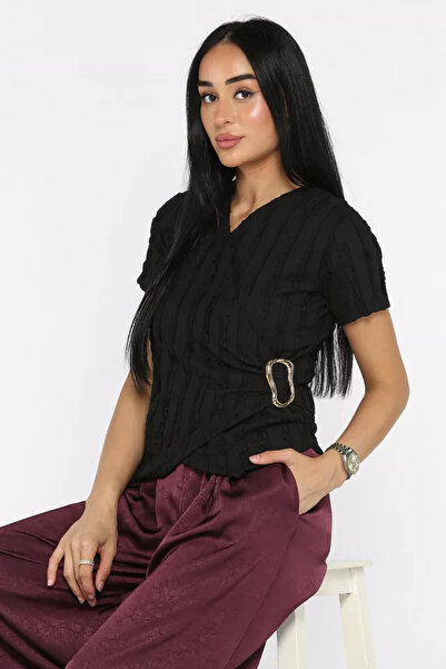 TOZLU Women's Double Breasted Collar Gold Buckle Blouse