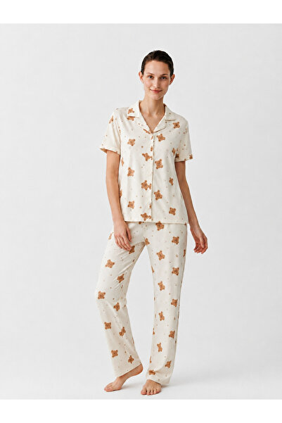 FİT WOMEN Regular V-Neck Casual Off-White Pajama Set