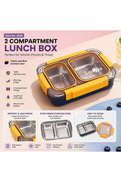 Twisoo Creative 2 Compartment Stainless Steel Lunch Box BPA Free Leakproof Clip Lock Ideal for Ice Cream and Steel Food Container Kids School Lunch box (Pink)