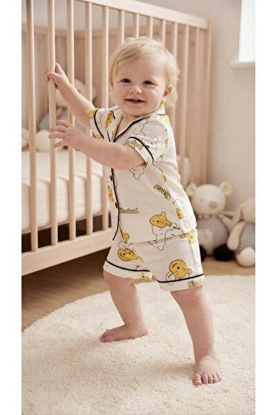 Sinem Çeyiz Dlş 6073 Boy's 100% Cotton White Wini Buttoned Shorts Pajama Set