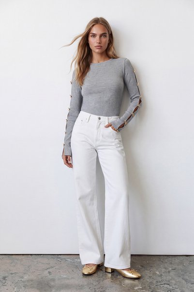 Trend Alaçatı Stili Bluză Ottoban gri pentru femei, cu gât tip crewneck, cu mâneci și nasturi aurii, Alc-X14336
